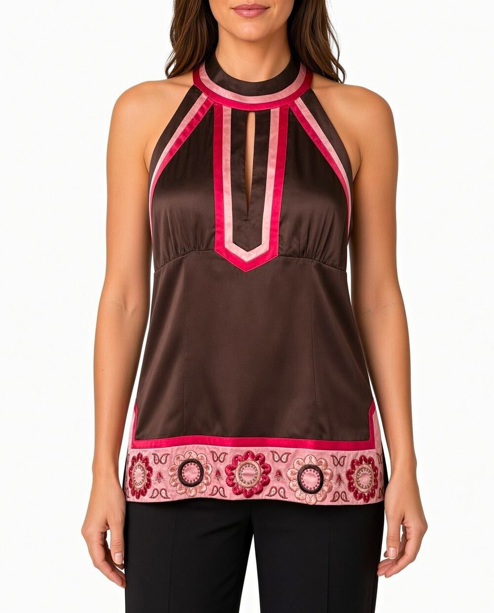 Vintage Y2K Bebe Brown Pink Silk Halter Top Embroidered Flowers size M